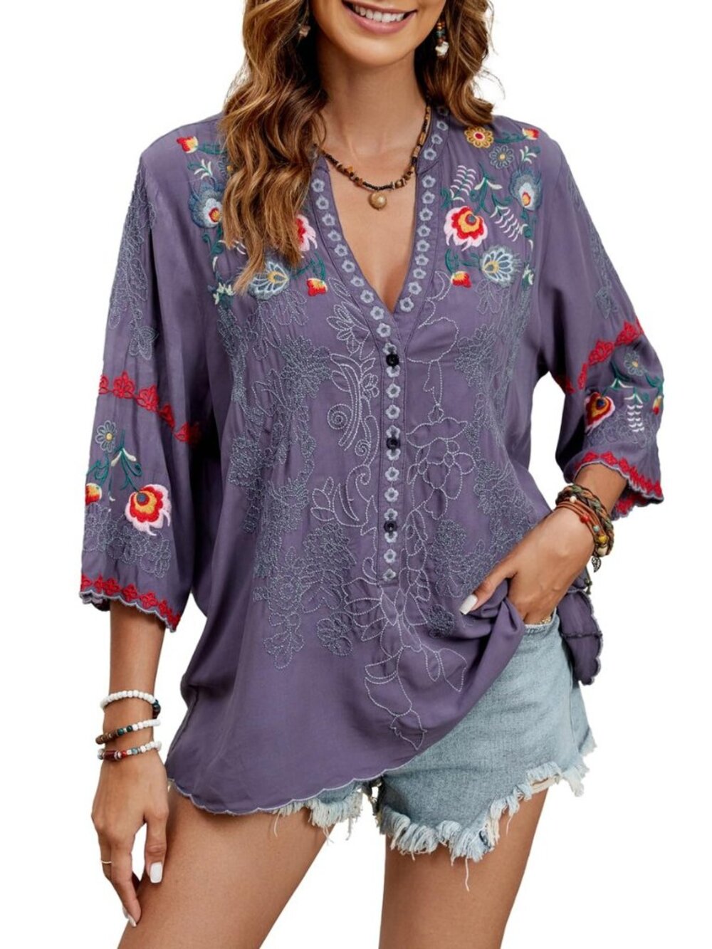 Mexican Tops Peasant Blouses Embroidered 3/4 Sleeve Shirt Boho V Neck Tunic